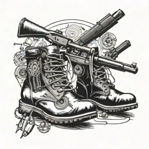 A unique blackwork tattoo of a target with bullet holes, surrounded by a border of hiking boots and gun cartridges, representing your passion for shooting and hiking tattoo design idea