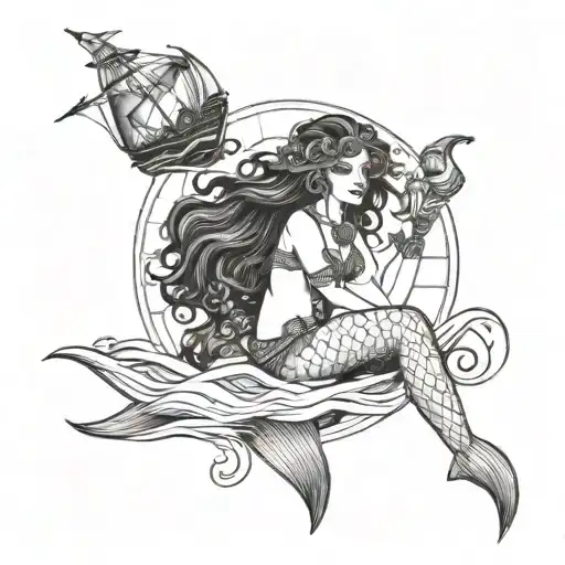 A mermaid adorned with Egyptian jewelry and symbols, swimming alongside a ship on rough waters tattoo design idea