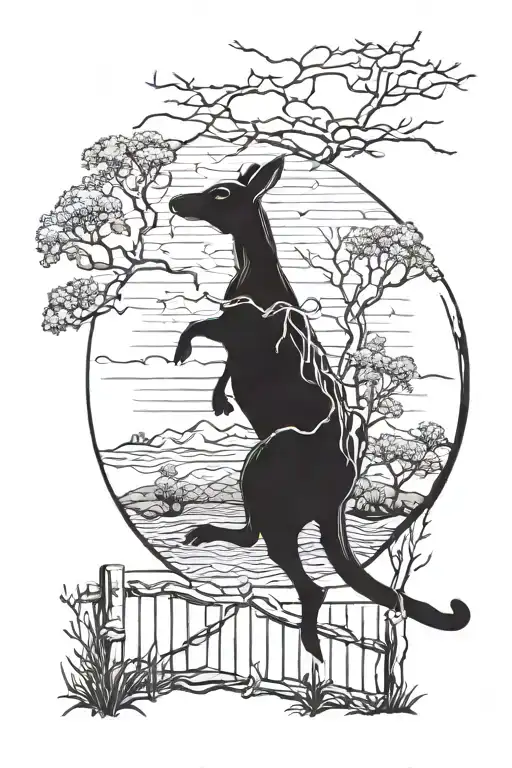 A blackwork tattoo of a kangaroo jumping over a barbed wire fence in a scenic Australian landscape tattoo design idea