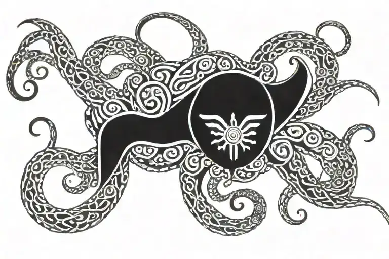 Upper back Tribal tattoo of an octopus with a tiki mask as its face, include a turtle and a swordfish running down the s tattoo design idea