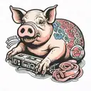 pig eating a video tape  tattoo design idea