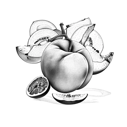 The words "BY THY FRUIT" with a peach, eggplant and banana underneath  tattoo design idea