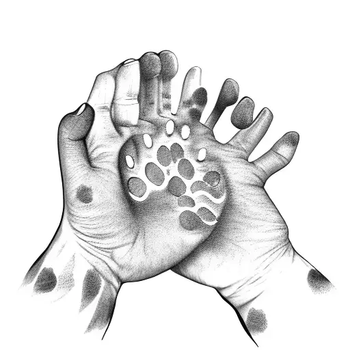 A human hand holding a leash with a trail of paw prints leading to a shelter tattoo design idea