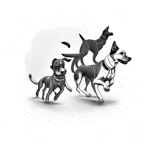 A pack of shelter dogs running together with a human hand leading the way tattoo design idea