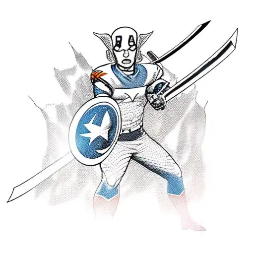 A new-school design of a Marvel superhero wielding a sword and wearing a Cincinnati Bengals jersey tattoo design idea