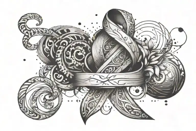 An abstract design featuring the epilepsy ribbon and Unalome symbol, with subtle nods to rugby and weightlifting elements tattoo design idea