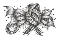 An abstract design featuring the epilepsy ribbon and Unalome symbol, with subtle nods to rugby and weightlifting elements tattoo design idea