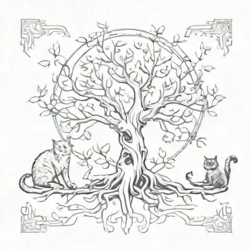 A sketch-style tree of life with cats lounging in the branches tattoo design idea