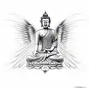 faceless meditating buddha with angel side wing and the other side devil wing tattoo design idea