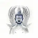 faceless meditating buddha with angel side wing and the other side devil wing tattoo design idea