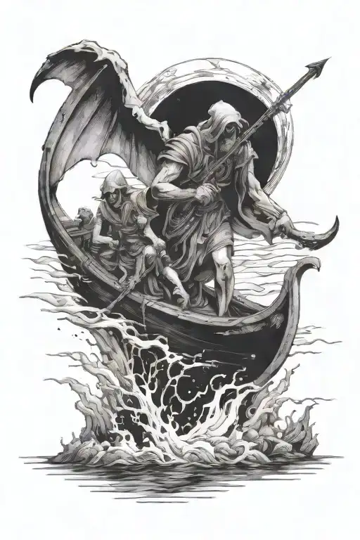 charon crossing the river styx back tattoo incorporating cerberus towards the top tattoo design idea