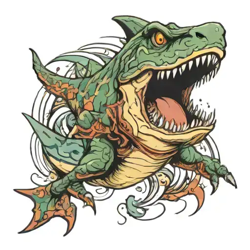 dinosaur shark jumping tattoo design idea