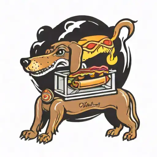 A traditional style tattoo of a vintage hot dog cart with a cheerful otter mascot serving up delicious hot dogs to customers tattoo design idea