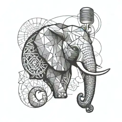 A radio microphone morphing into an elephant trunk, with geometric patterns in the background tattoo design idea