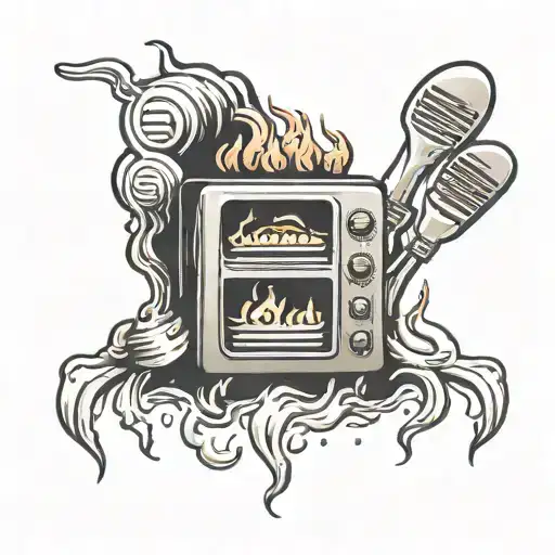 A whimsical tattoo of a radio-shaped oven with various cooking utensils sticking out, surrounded by flames tattoo design idea