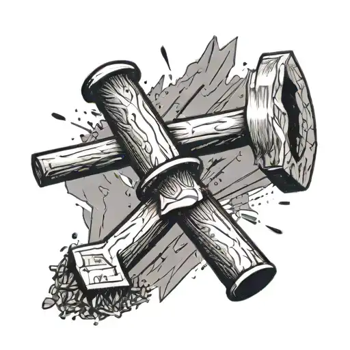 A carpenter's hammer and chisel crossed over each other, with wood shavings and sawdust floating in the background tattoo design idea