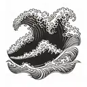 A majestic wave crashing on a rocky shore with a silhouette of a sailor on a boat in the distance tattoo design idea