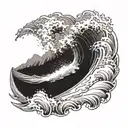 A majestic wave crashing on a rocky shore with a silhouette of a sailor on a boat in the distance tattoo design idea