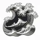A majestic wave crashing on a rocky shore with a silhouette of a sailor on a boat in the distance tattoo design idea