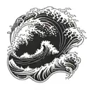 A majestic wave crashing on a rocky shore with a silhouette of a sailor on a boat in the distance tattoo design idea