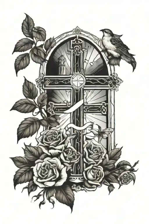 a cross without Jesus on it, light beaming in the background out of a church window. water, and roses and two sparrows  tattoo design idea
