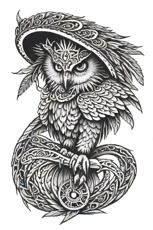 a native American style owl flying wearing a headdress holding a snake in its clawed feet tattoo design idea