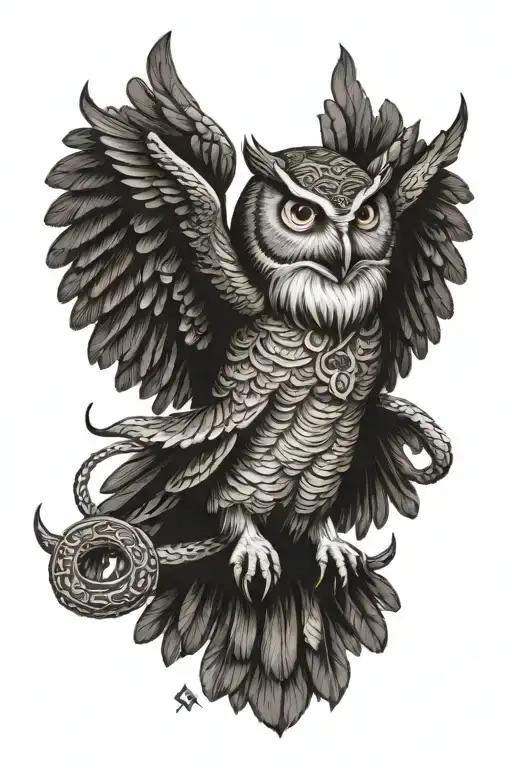 a native American style owl flying wearing a headdress holding a snake in its clawed feet tattoo design idea