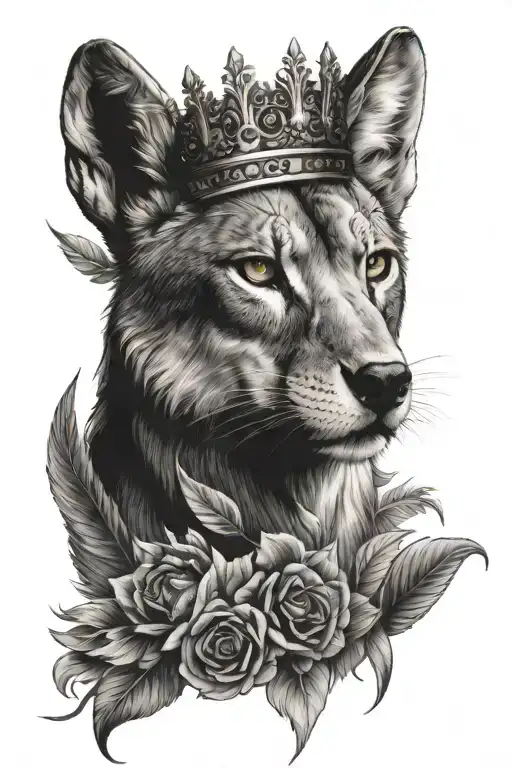 a lioness wearing a crown with a wolf and an owl with outstretched wings tattoo design idea