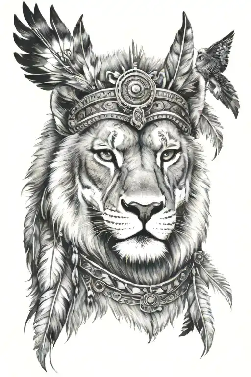 a native American style lioness wearing a headdress with an owl in it tattoo design idea