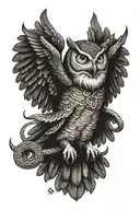 a native American style owl flying wearing a headdress holding a snake in its clawed feet tattoo design idea
