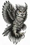 a native American style owl flying wearing a headdress holding a snake in its clawed feet tattoo design idea