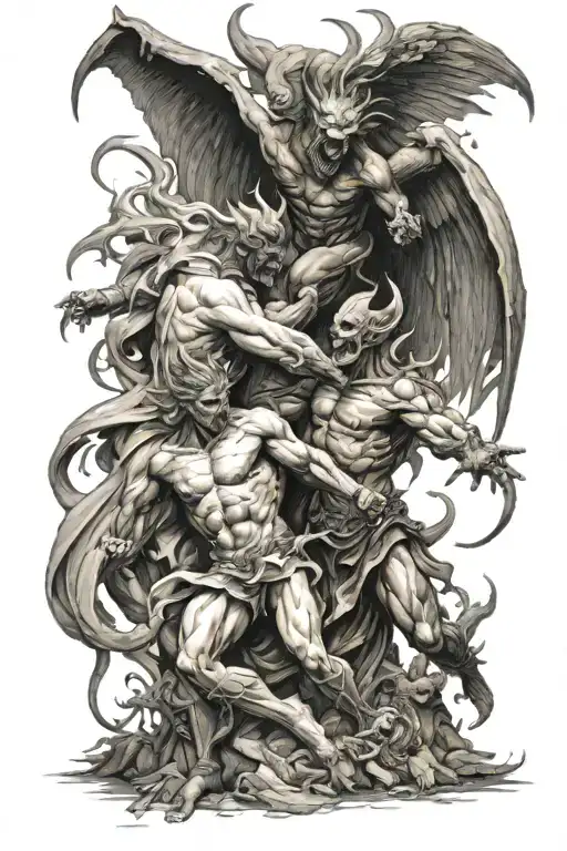 Demons vs angel fight scene tattoo design idea