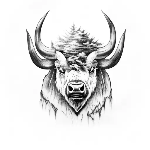 A majestic buffalo surrounded by a forest of dead trees tattoo design idea