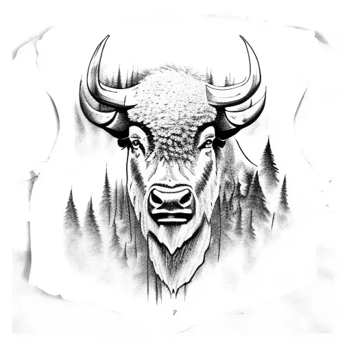 A majestic buffalo surrounded by a forest of dead trees tattoo design idea