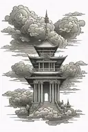 temple with storm clouds tattoo design idea