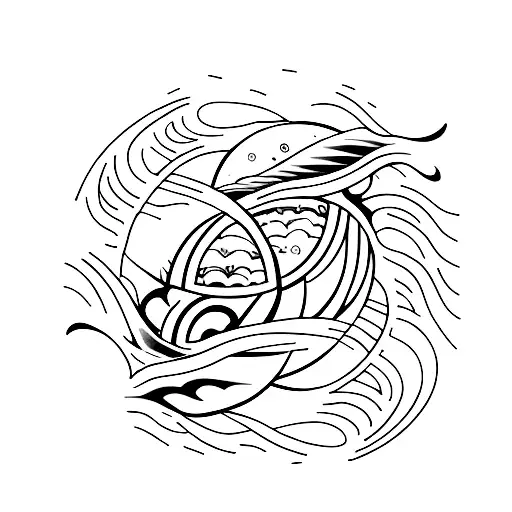 A minimalist tattoo design of a sun and moon intertwined with waves, representing the client's love for the beach and their passion for stress relief through nature tattoo design idea