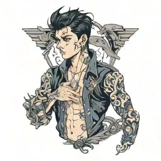 boy with black hair and dark blue eyes wearing ripped clothes tattoo design idea