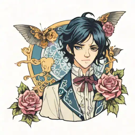 boy with black hair and dark blue eyes in lolita fashion  tattoo design idea