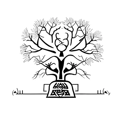 A minimalist tattoo of a baobab tree with Hebrew script incorporated into its branches, representing the strong roots of Judaism in Africa. tattoo design idea