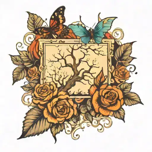 dead tree in a frame with roses and butterflies flying tattoo design idea