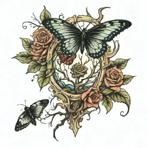 dead tree in a frame with roses and butterflies flying tattoo design idea