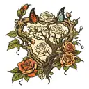 dead tree in a frame with roses and butterflies flying tattoo design idea
