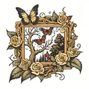 dead tree in a frame with roses and butterflies flying tattoo design idea
