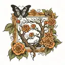 dead tree in a frame with roses and butterflies flying tattoo design idea