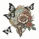 dead tree in a frame with roses and butterflies flying tattoo design idea