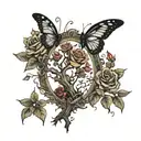 dead tree in a frame with roses and butterflies flying tattoo design idea