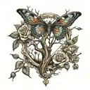 dead tree in a frame with roses and butterflies flying tattoo design idea
