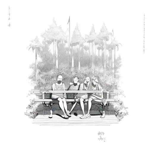 A group of friends sitting on a bench in the sun, with a grove behind tattoo design idea