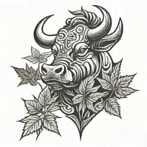Bull with marijuana leaf patterns tattoo design idea