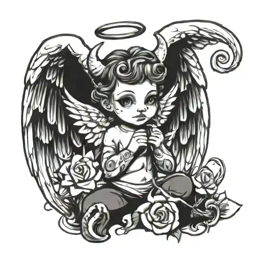 cute angel with devil horns and tail  tattoo design idea